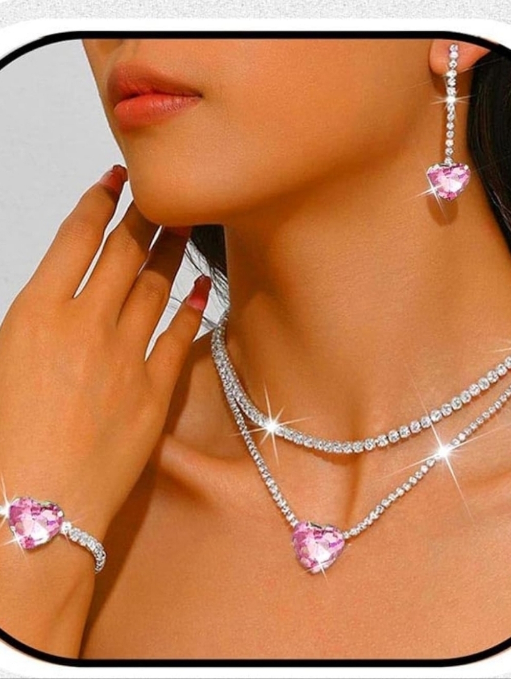 Elegant Pink Heart Crystal Necklace, Bracelet & Earring Set - Women Jewelry
